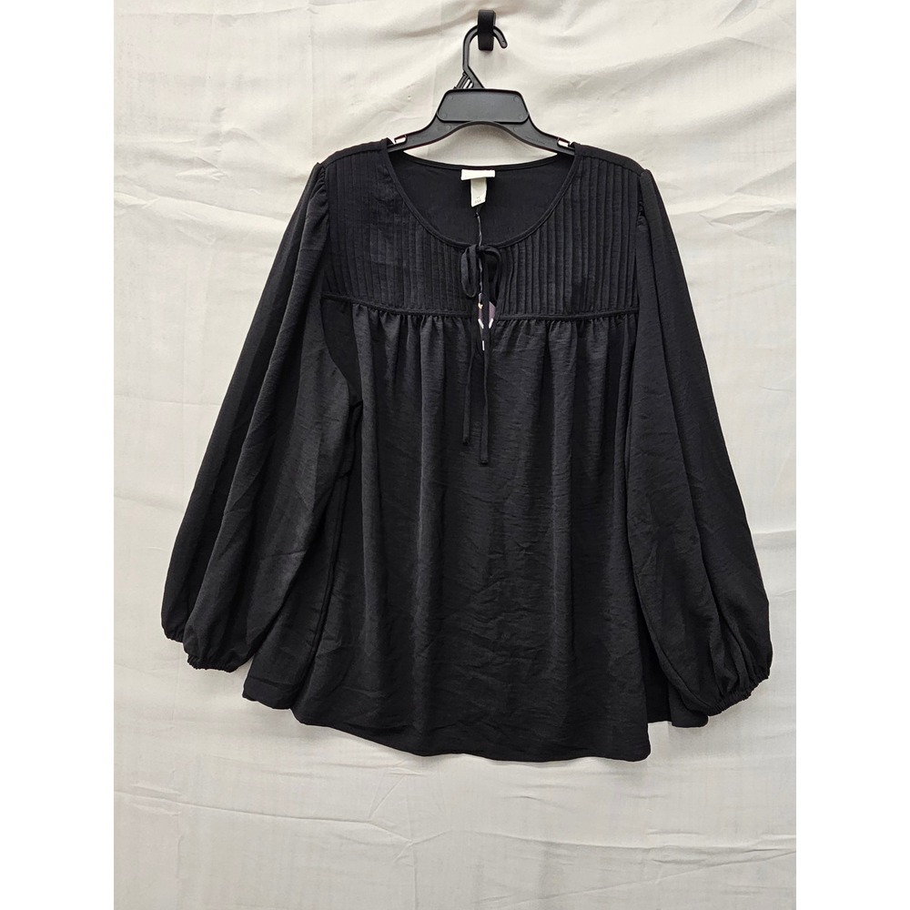 Ava & Viv Womens Pleated Tie Neck Blouse Black Polyester Casual Size 2X